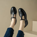 Retro round toe Mary Jane shoes for women, genuine leather upper, T-bar strap, black colour