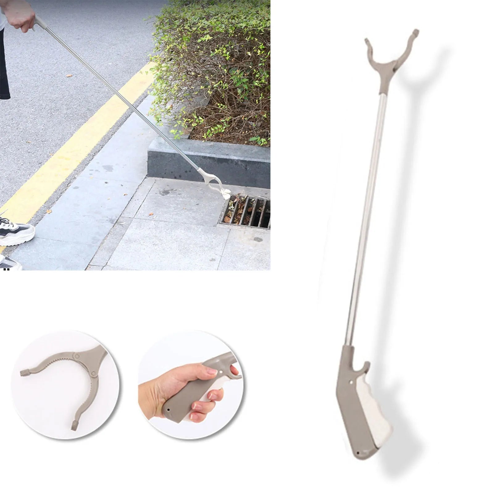 Stainless steel and plastic extended garbage picker tool with push handle and gripper jaws.