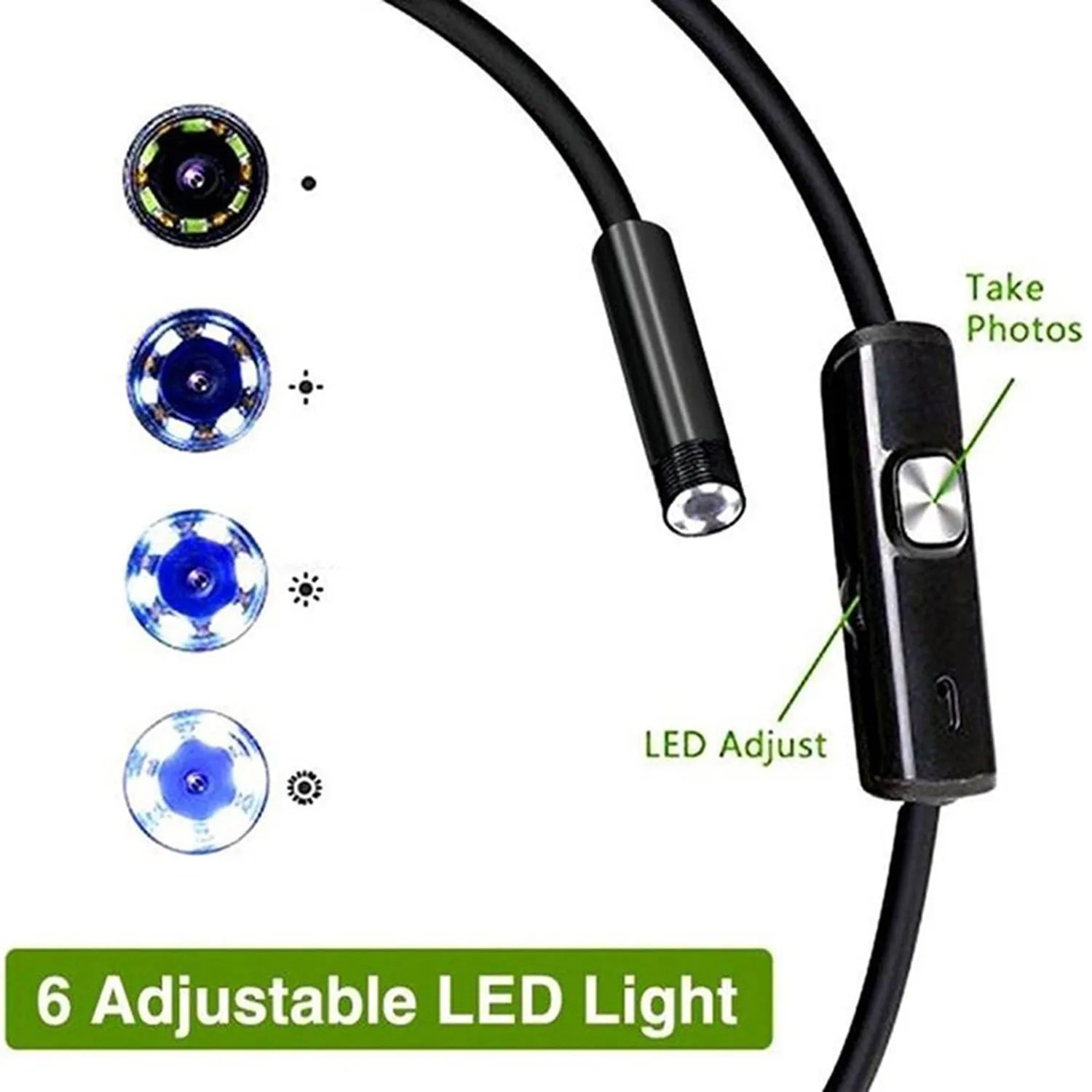 USB-C Android phone endoscope with flexible cable, waterproof camera probe, magnet, hook, and side mirror attachments.