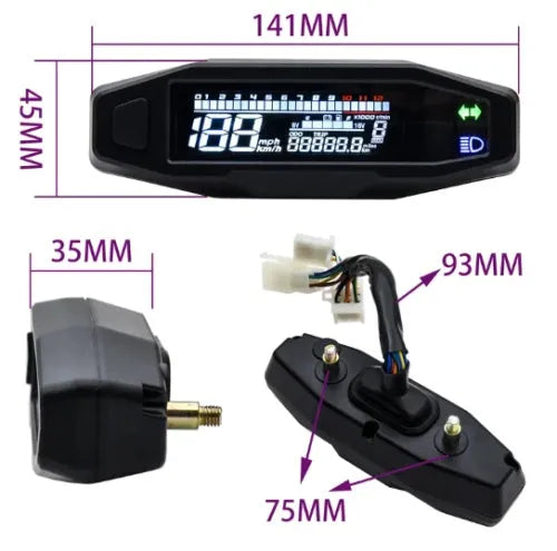 Black motorcycle mini LCD speedometer and oil gauge display on a 4.1-inch screen.