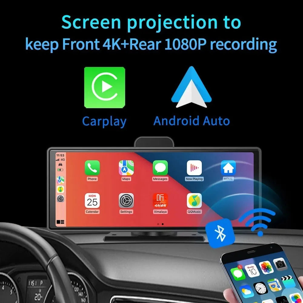 10.26-inch touch screen car dash cam unit with rear camera on a car windscreen.