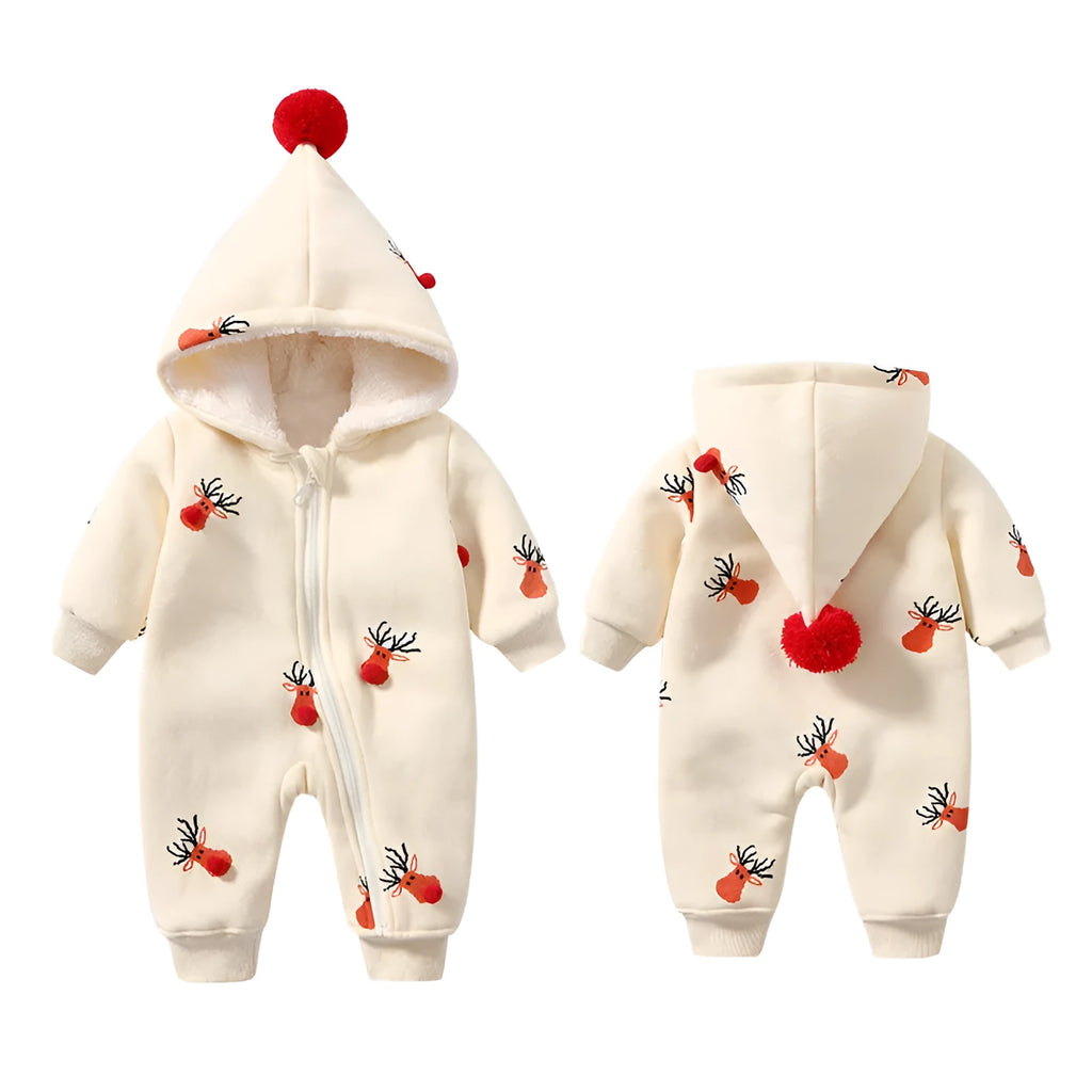 Khaki baby crawling suit with Christmas moose pattern, padded cotton construction, long sleeves