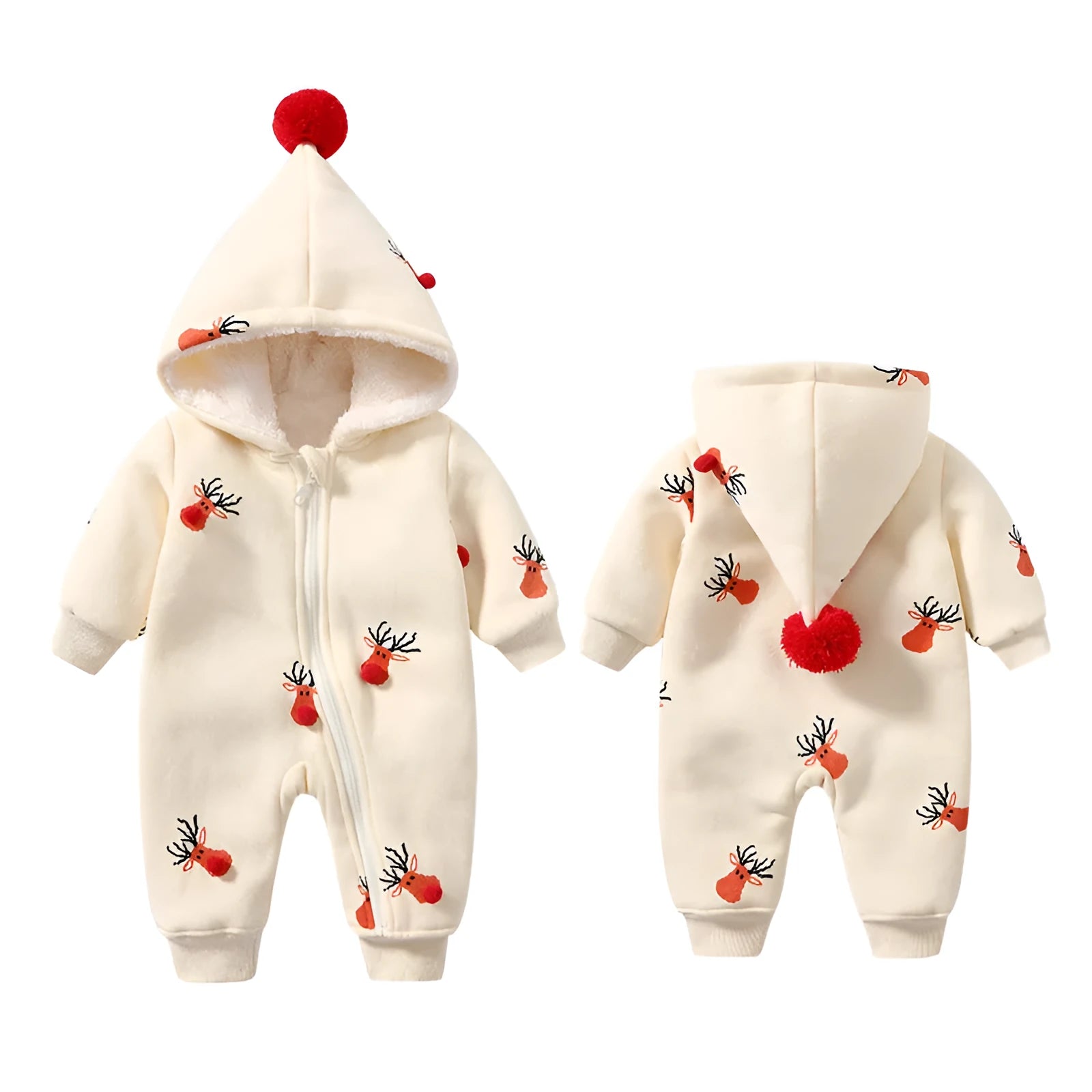Khaki baby crawling suit with Christmas moose pattern, padded cotton construction, long sleeves