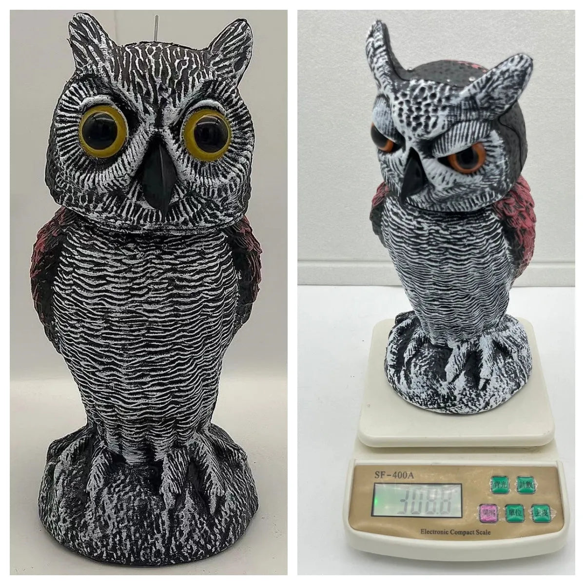 Artificial owl bait ornament with shaking head mechanism for outdoor bird deterrent