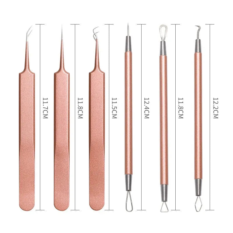 Rose gold stainless steel acne remover tool set with 6 dual-purpose beauty needles