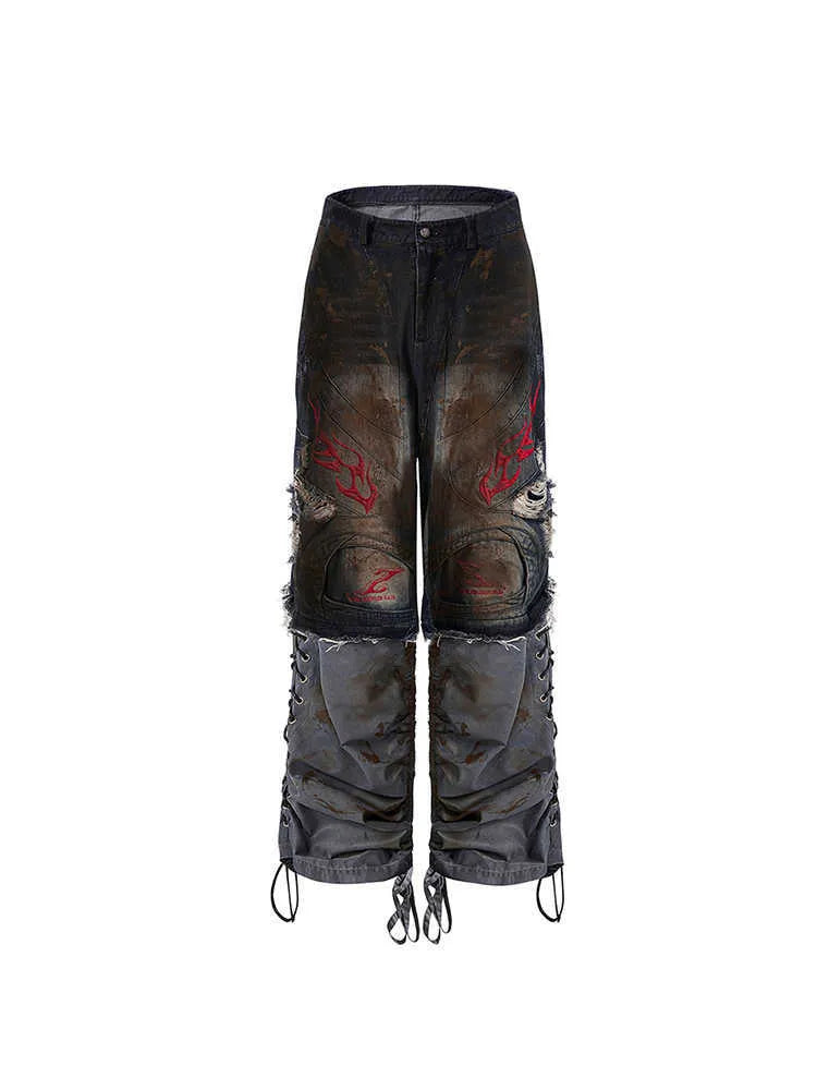 Men's retro denim jeans with detachable trouser legs in a wide-leg, loose fit