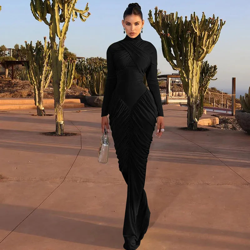 Women's solid colour high neck long sleeve ruffle back bodycon dress in black, front view