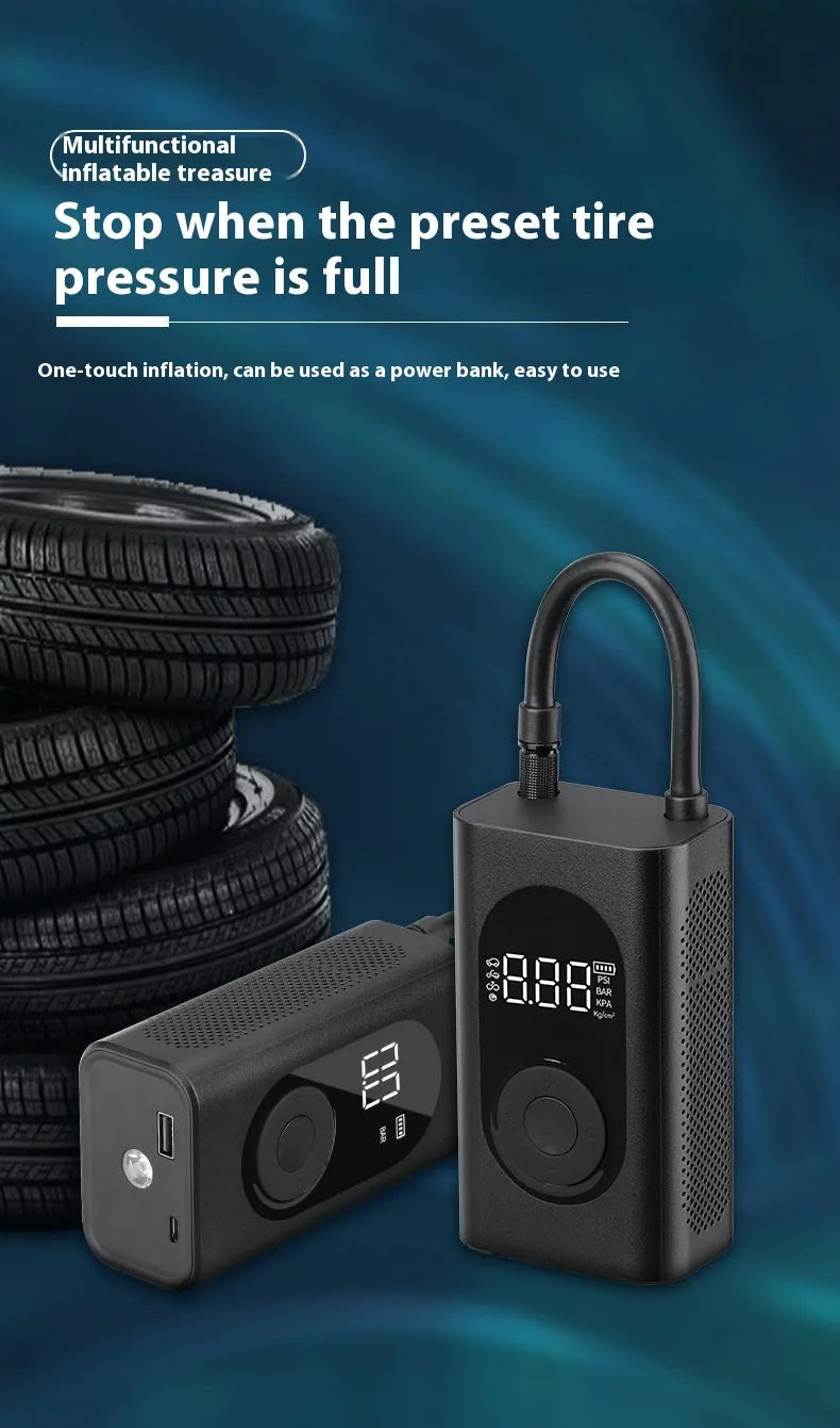 Handheld wireless tyre pump with digital display, air hose, USB cable, and LED flashlight.