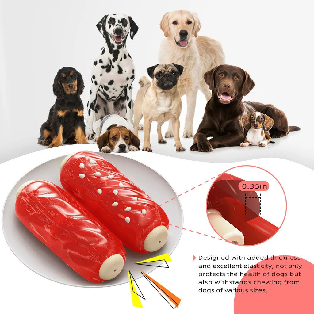 Primary coloured plastic Molar Rod dog chew toy with textured surface and hollow treat-dispensing centre.