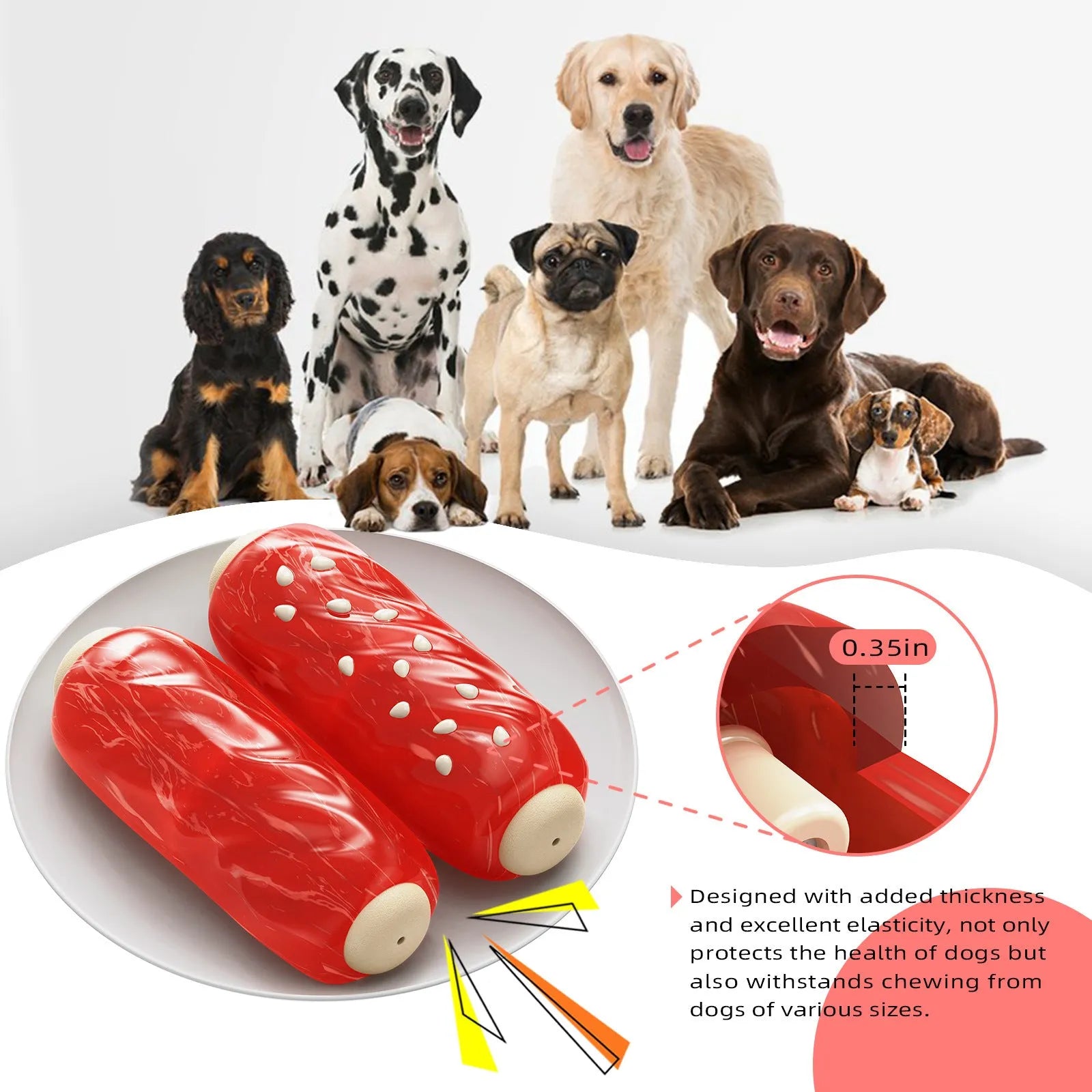 Primary coloured plastic Molar Rod dog chew toy with textured surface and hollow treat-dispensing centre.