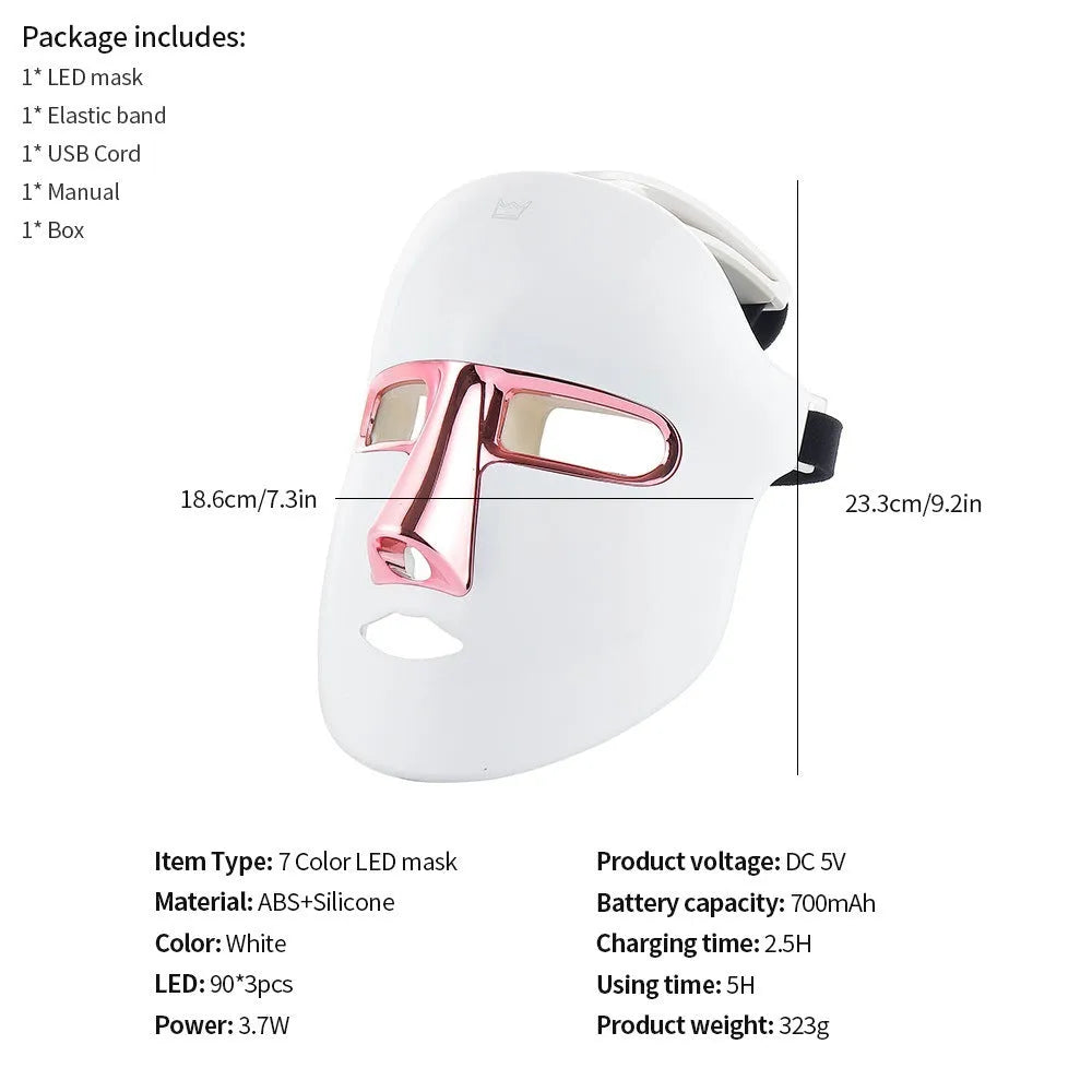 Rose gold or gold LED face mask with seven colour light modes and positive ion function, USB powered, with elastic band.
