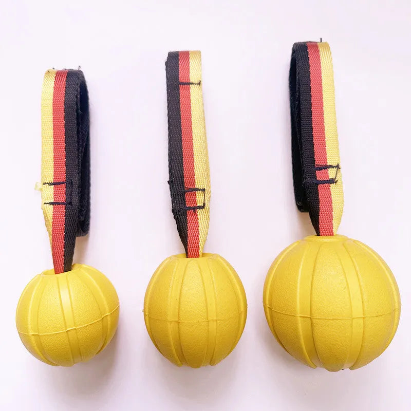 Floating camouflage and yellow EVA foam pet training balls with strings in three different sizes
