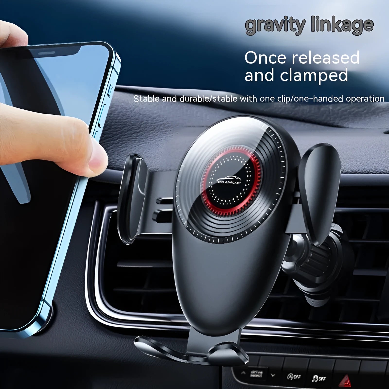 Black car mobile phone bracket mounted on car air vent for hands-free use