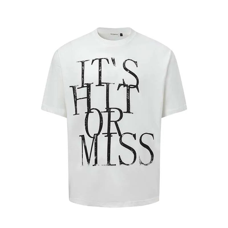 Men's blue American-style t-shirt with white letter print across chest