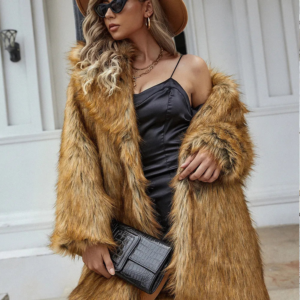 Yellow loose-fit women's faux fur coat with regular sleeves on a size chart.