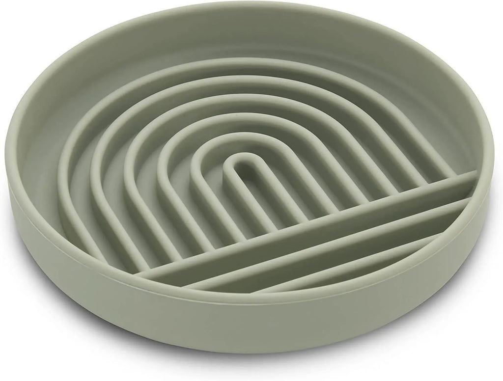 Silicone slow feeder pet bowl for cats and dogs in baby pink, grey, light green, or pink