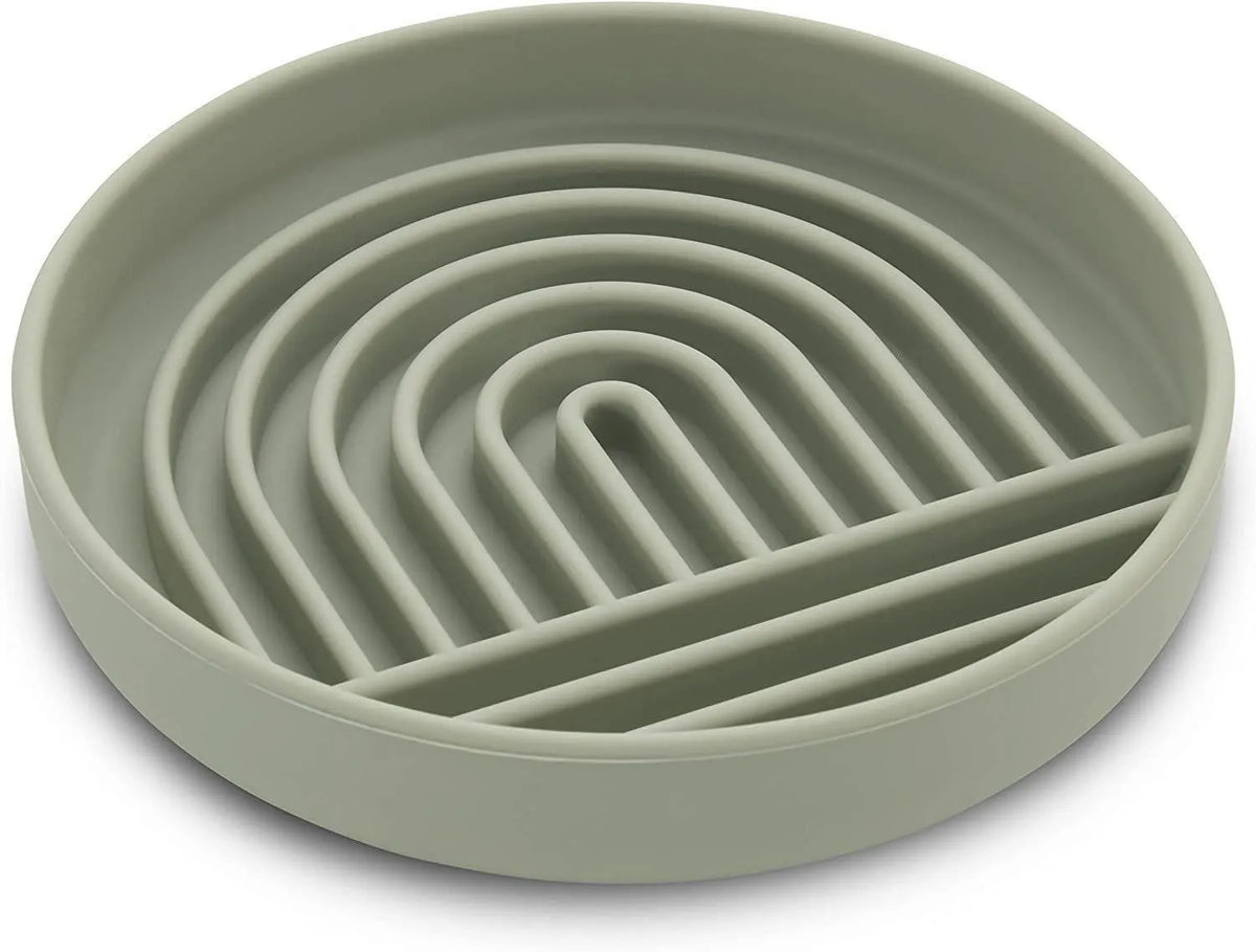 Silicone slow feeder pet bowl for cats and dogs in baby pink, grey, light green, or pink