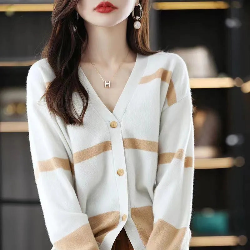 Women's V-neck knitted cardigan with 3D striped pattern in slim fit showing colour options