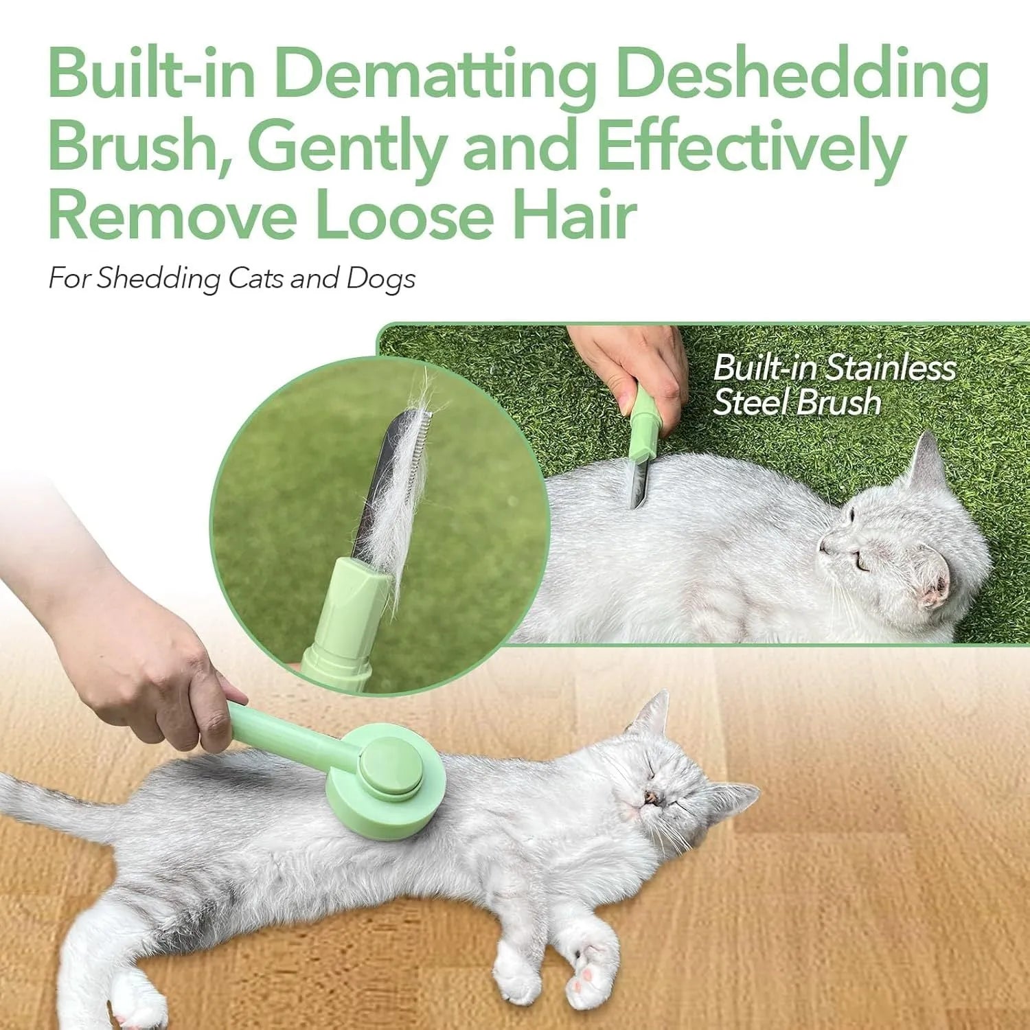 Green and yellow pet deshedding brush with stainless steel teeth and hanging loop