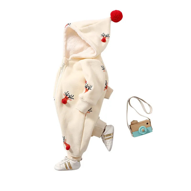 Khaki baby crawling suit with Christmas moose pattern, padded cotton construction, long sleeves