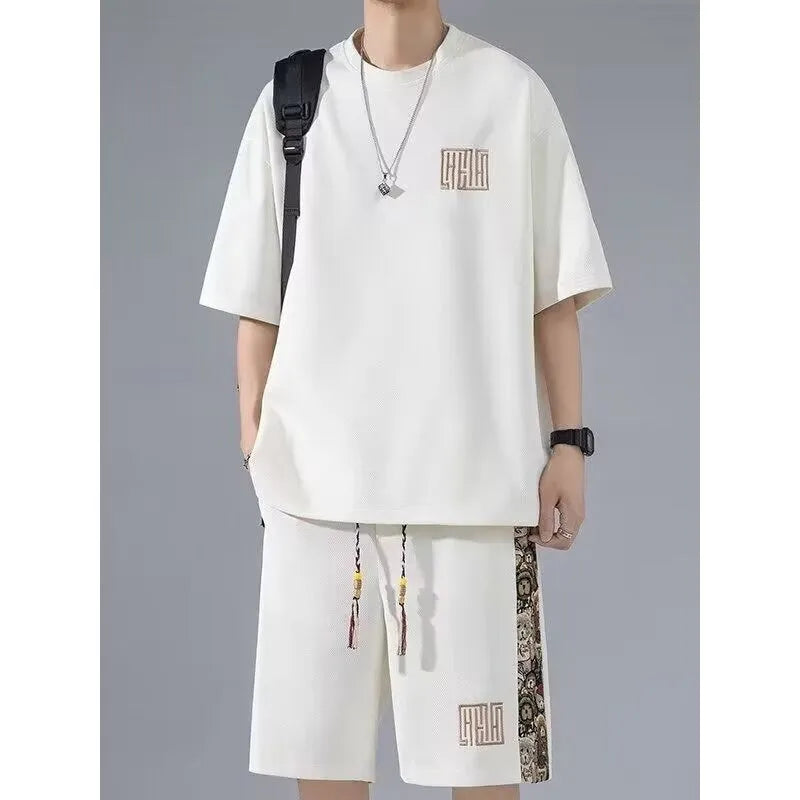 Waffle embroidery two-piece set with short sleeve top and shorts in thin polyester, summer sports style, sizes M-5XL