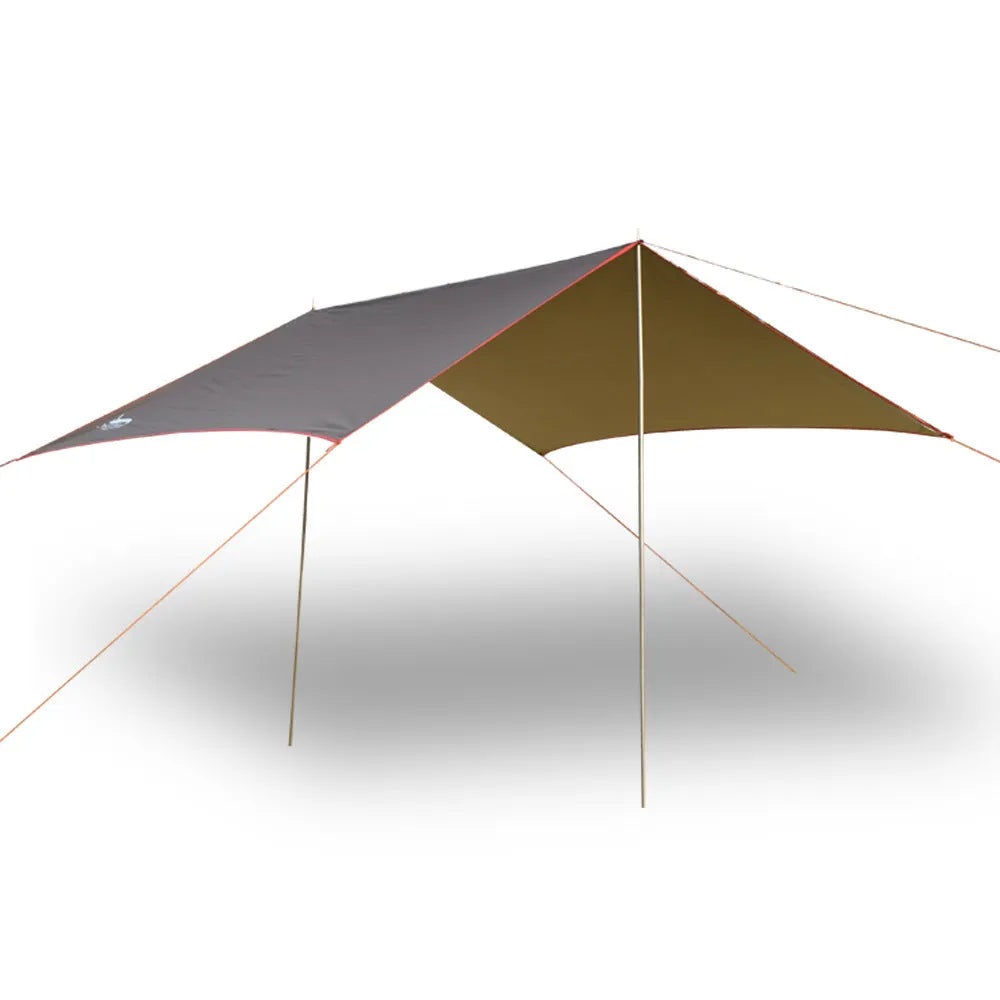 UV rainproof awning camping tent 150D silver coated Oxford cloth 300x290cm khaki colour with poles and ropes on grass
