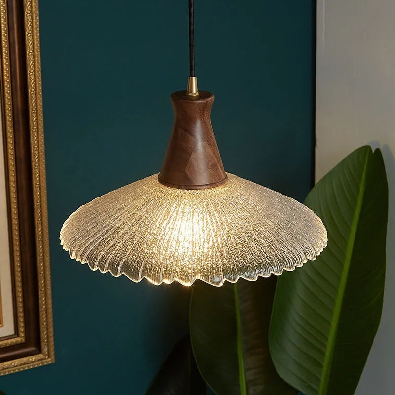 Retro wooden body and glass shade brass chandelier ceiling light fixture