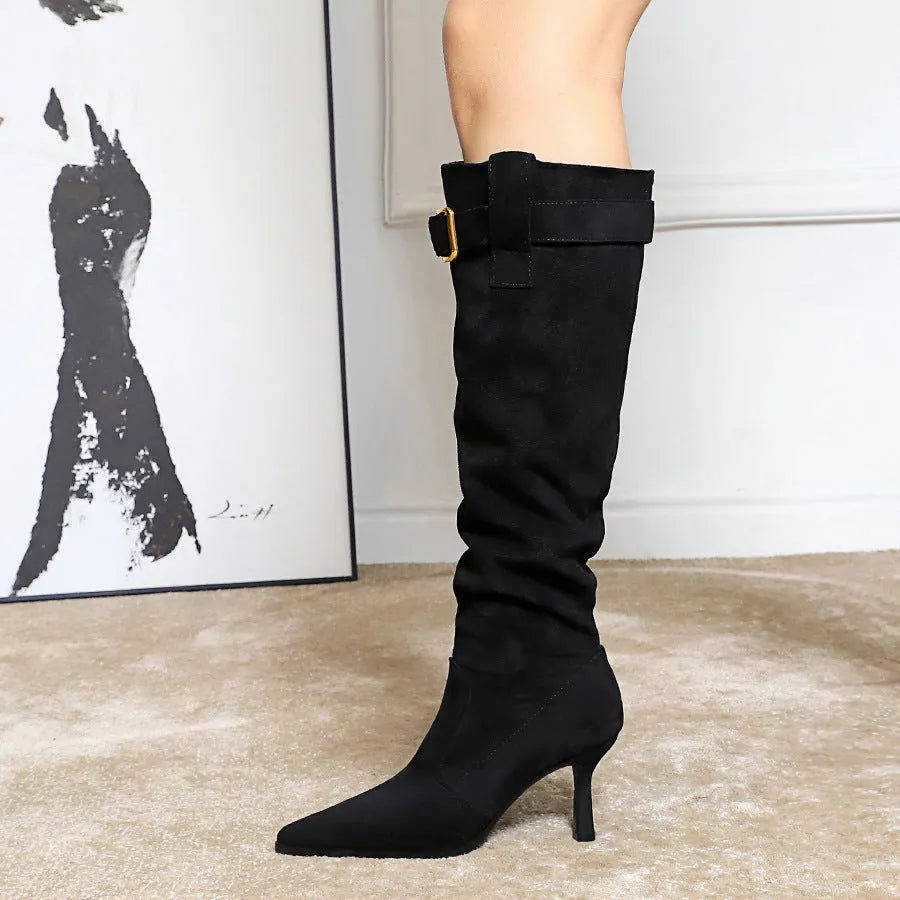 Women's pointed toe stiletto heel long boots in apricot or black with cotton lining and metal buckle detail
