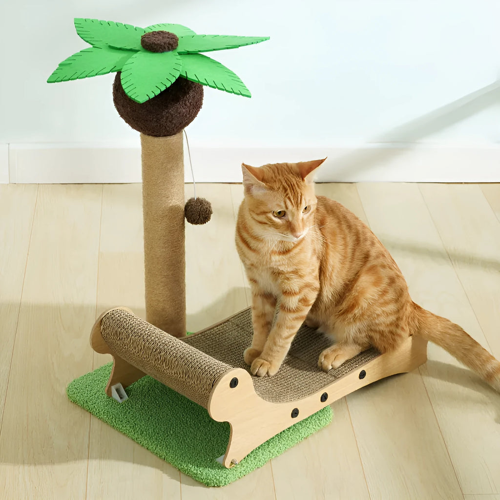Wooden beach chair-shaped cat climbing frame with a built-in scratch board and a hemp-wrapped column.