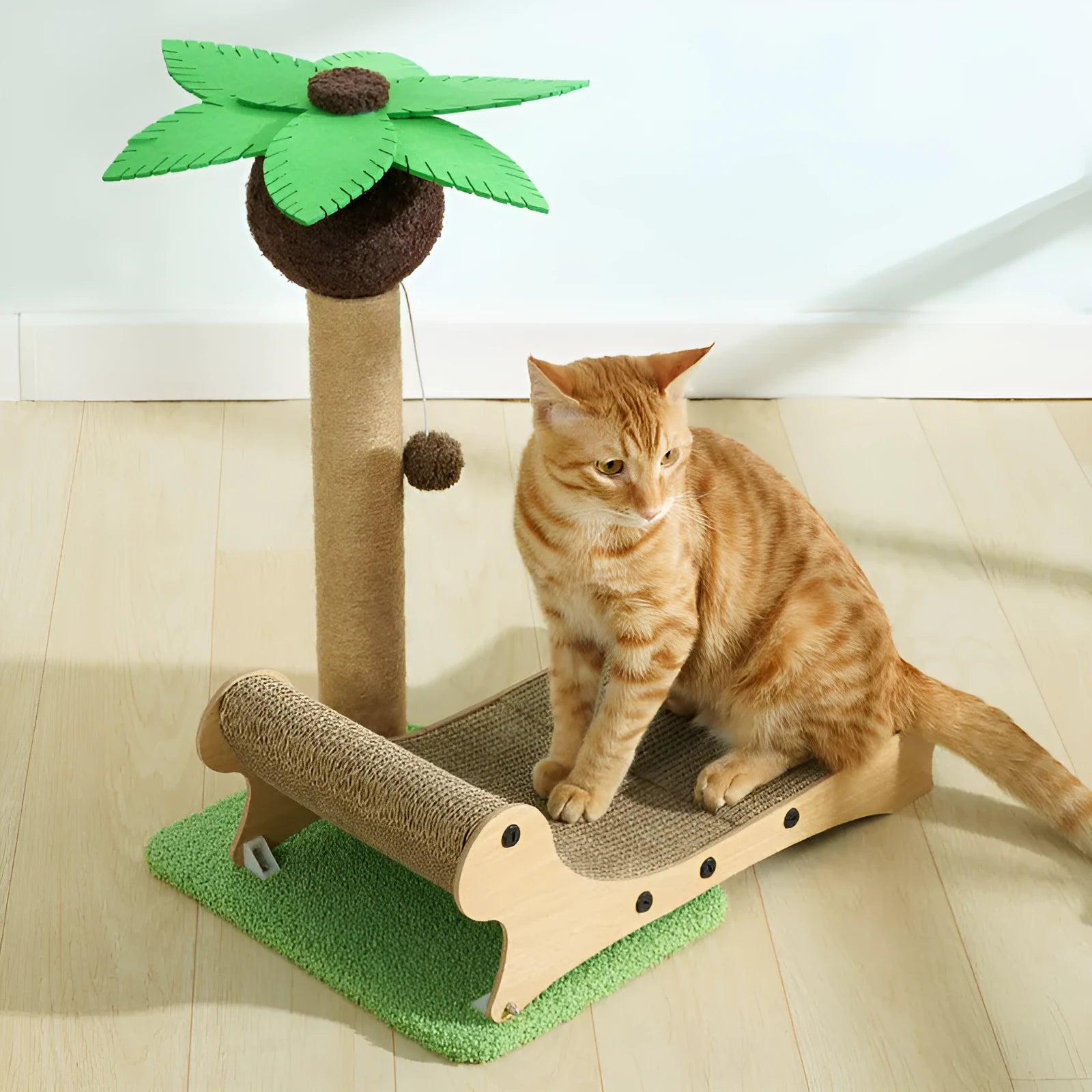 Wooden beach chair-shaped cat climbing frame with a built-in scratch board and a hemp-wrapped column.