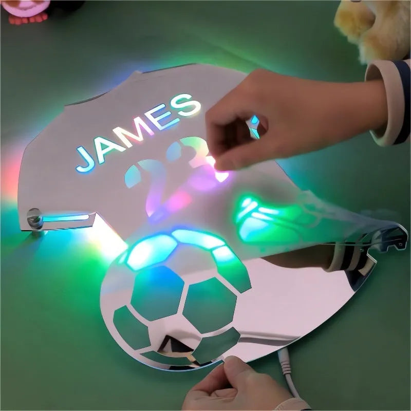 Football jersey shaped acrylic luminous mirror night light with 12 colour LED and remote control on a wall