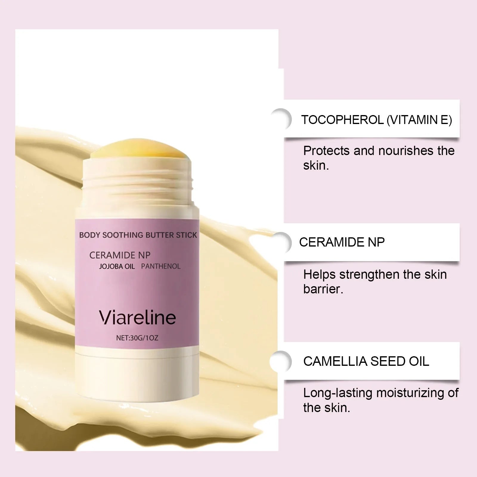 Anti-wrinkle firming body soothing stick with 30g capacity containing ceramide and botanical oils