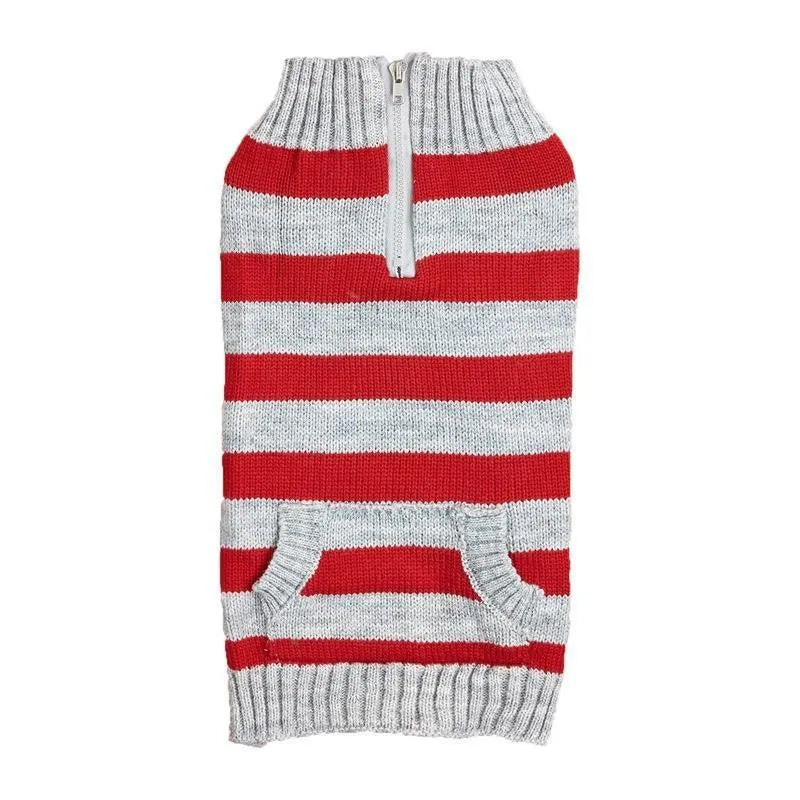 Dog sweater with horizontal contrast zipper and button pocket for small medium dogs
