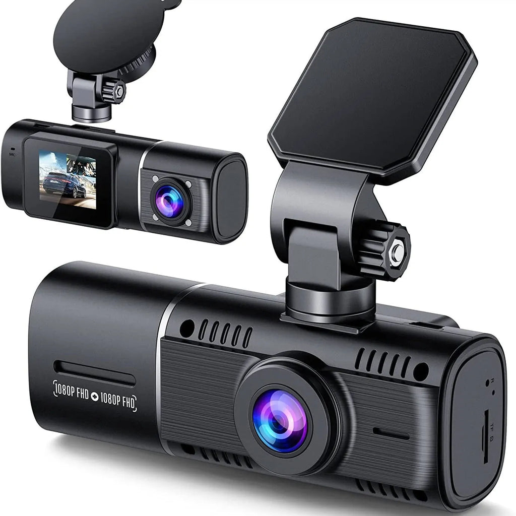 Standard black car dashcam with 1.5-inch screen for front and rear recording.