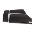 Three black ABS car armrest protective covers with a shiny diagonal carbon fibre weave pattern.