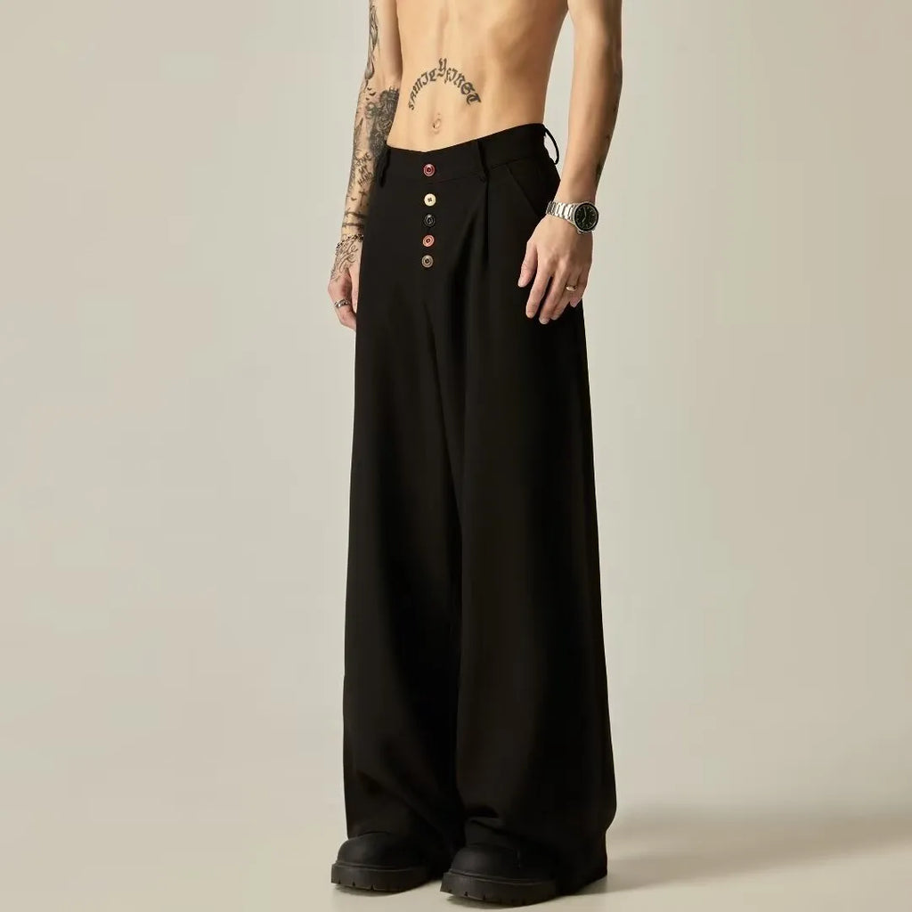 Men's solid black wide-leg casual trousers with a vertical tube design on a mid-waist.
