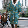 3D printed peacock blue men's knitted casual suit set with t-shirt and mid-length shorts