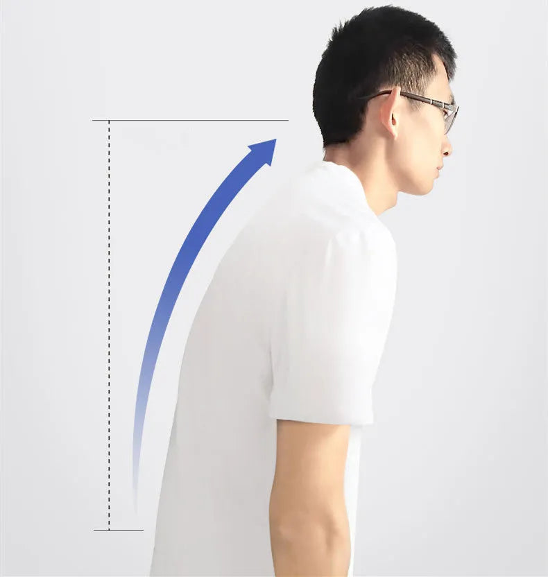 Black non-woven posture correction belt on a light background showing adjustable straps and size options S to XL