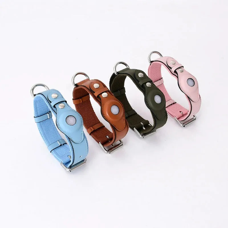 Leather dog collar with AirTag holder in black, adjustable for medium to large dogs