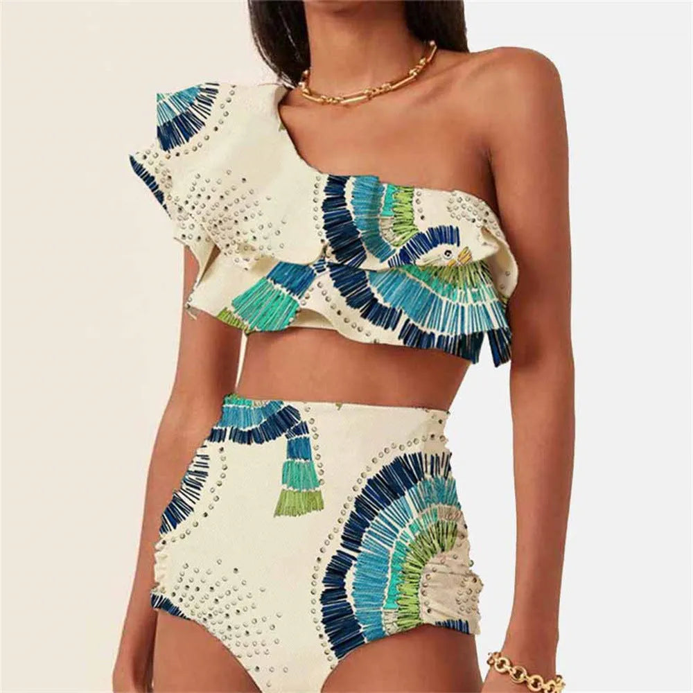 White one-shoulder women's swimsuit with a double-layer lotus leaf split skirt.