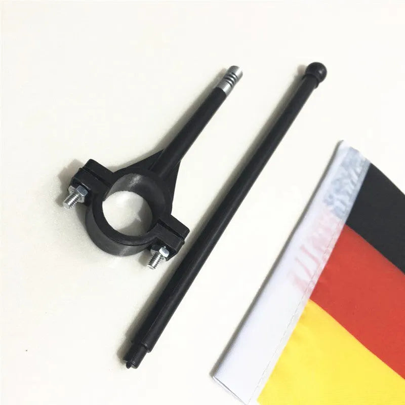 Square polyester car flag on a 30 cm white plastic pole for handlebar mounting or hand waving.