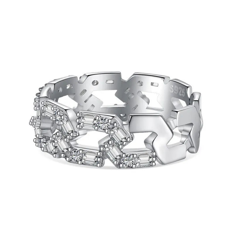 Sterling silver ring with high-grade zircon and freshwater pearl in geometry shape, size No. 7, electroplated finish