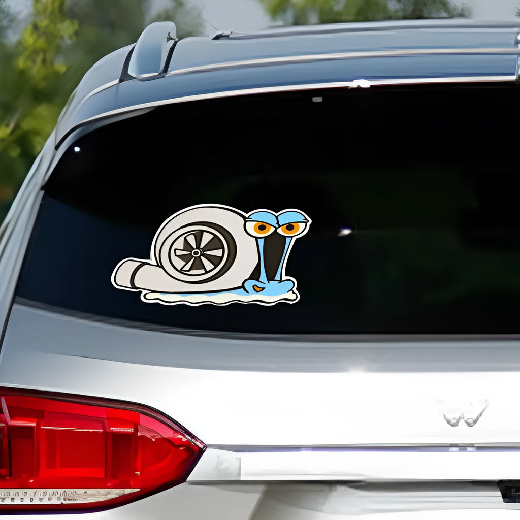 White cartoon snail reflective car sticker measuring 12cm by 8cm