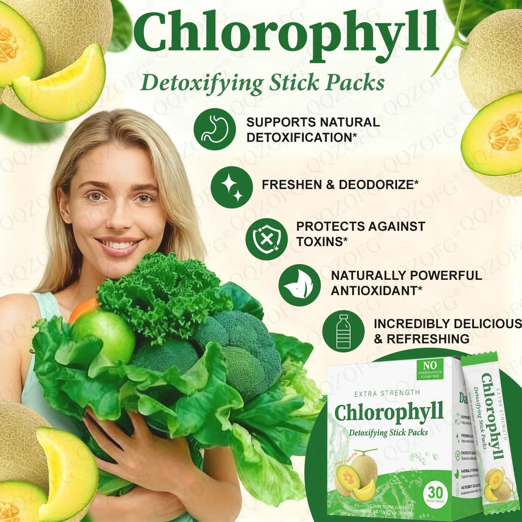 Chlorophyll stick pack supplement with sweet melon flavour, 30 sachets per box