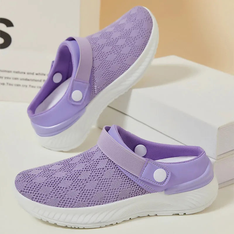 Women's mesh sandals with round toe and open back, available in multiple colours for summer casual wear