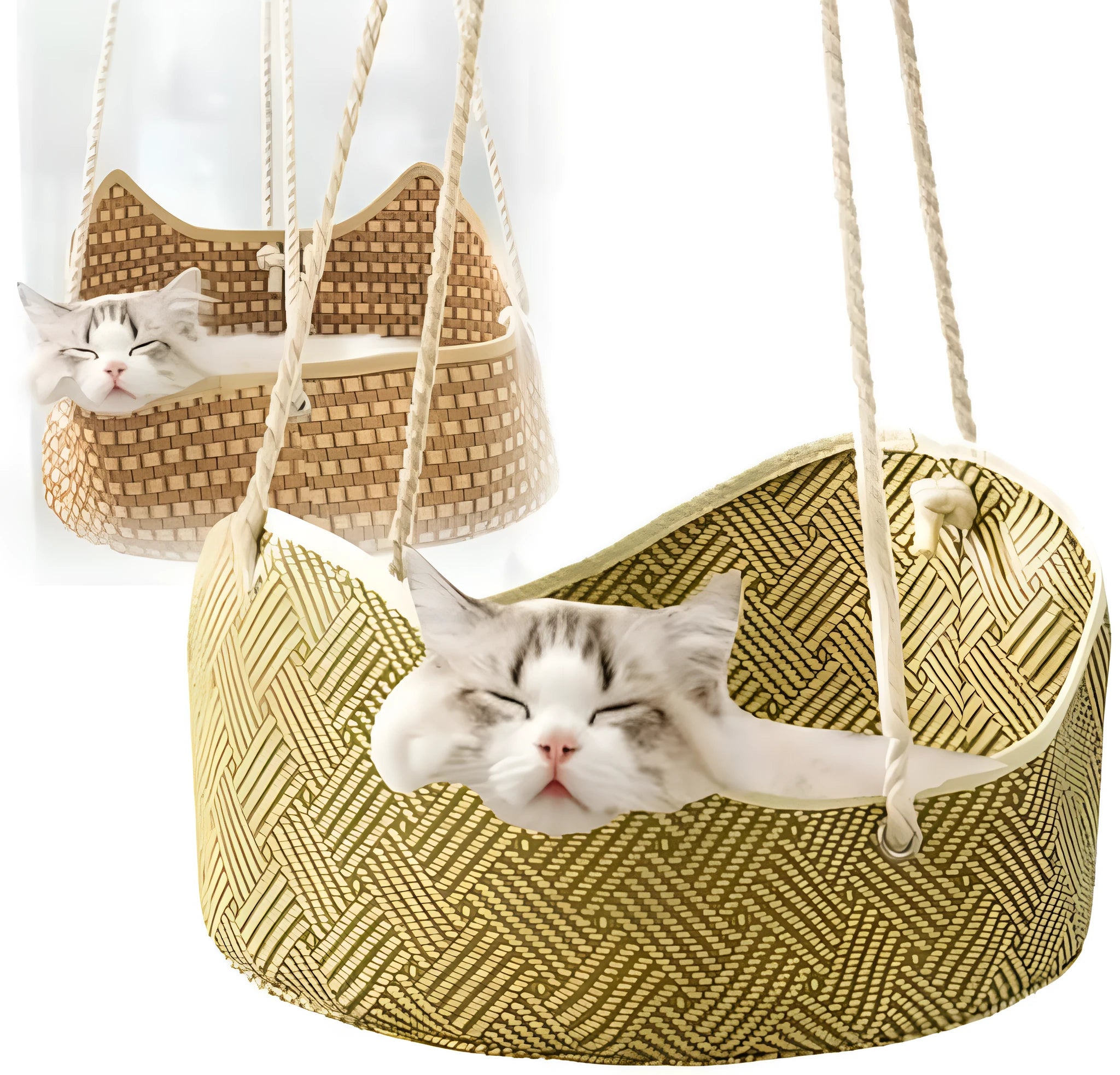 Green rattan cat hammock with metal hooks hanging on a white fence, a cat lounging inside.