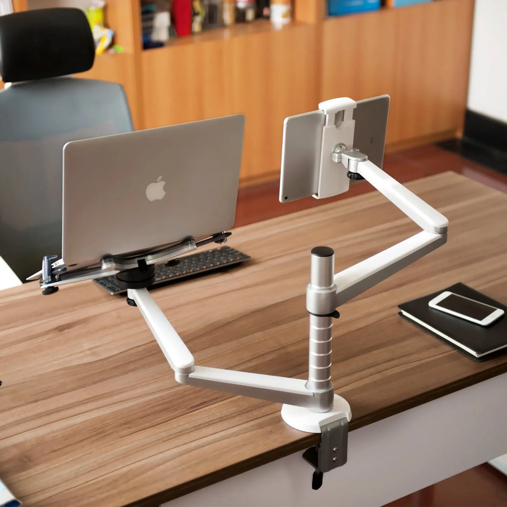 Silver aluminium alloy double-arm laptop stand with 7kg capacity for 10-15 inch notebooks