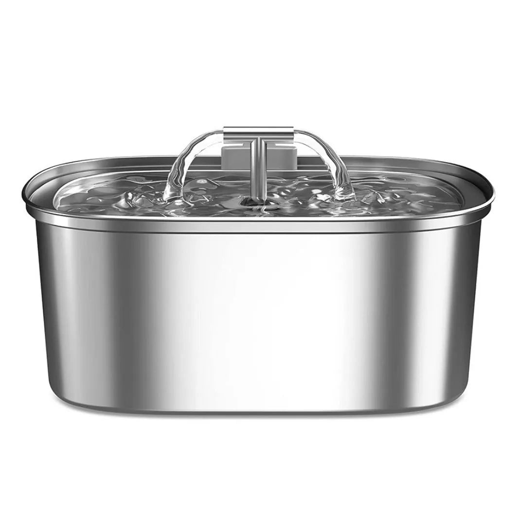 Stainless steel round pet water dispenser with large reservoir and selectable faucet attachment