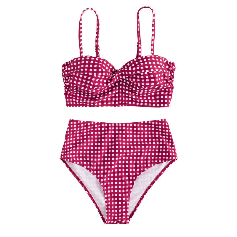 Women's plaid bikini swimsuit with high-waisted briefs in rose red, on a mannequin.
