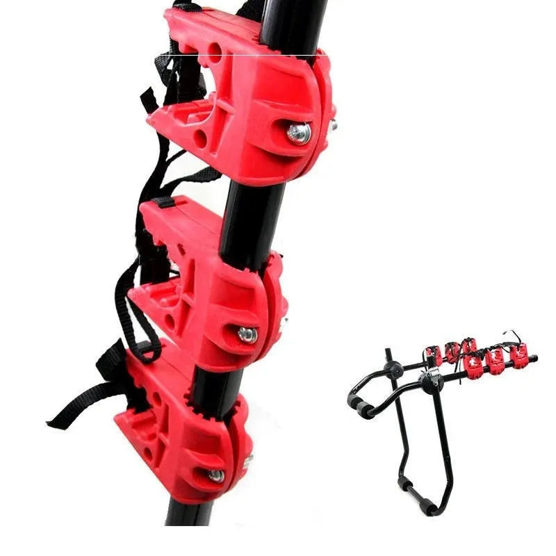 Black and red trunk-mounted bike rack showing pull belt and tie rope style options.